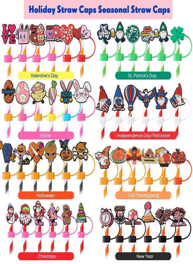 Ninehaoou 48 Pcs Holiday Straw Covers Cap Party Festival Cute Silicone Drinking Straws Tips Cover Toppers Tumblers Reusable for 9-10mm Accessories Christmas Halloween Easter Independence Day Gifts - Image 2